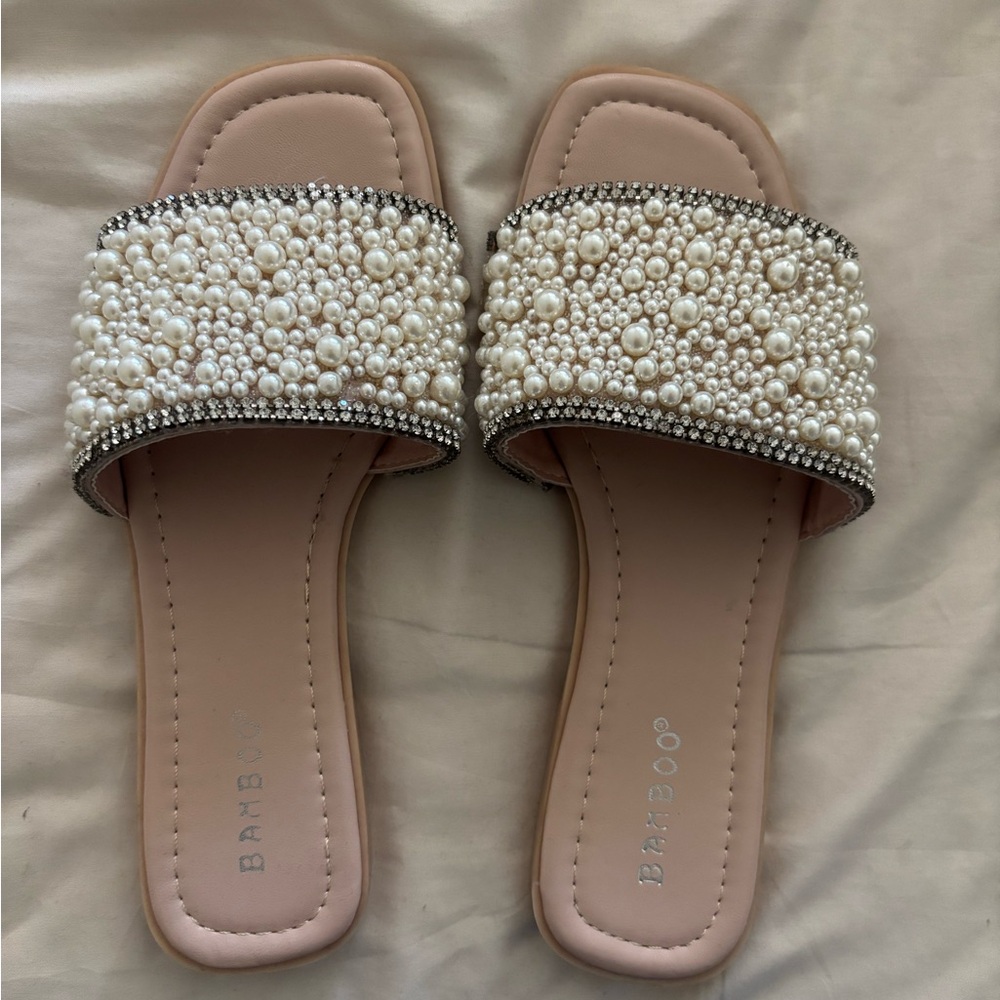 BAMBOO Cream Pearl Embellished Slide Sandals